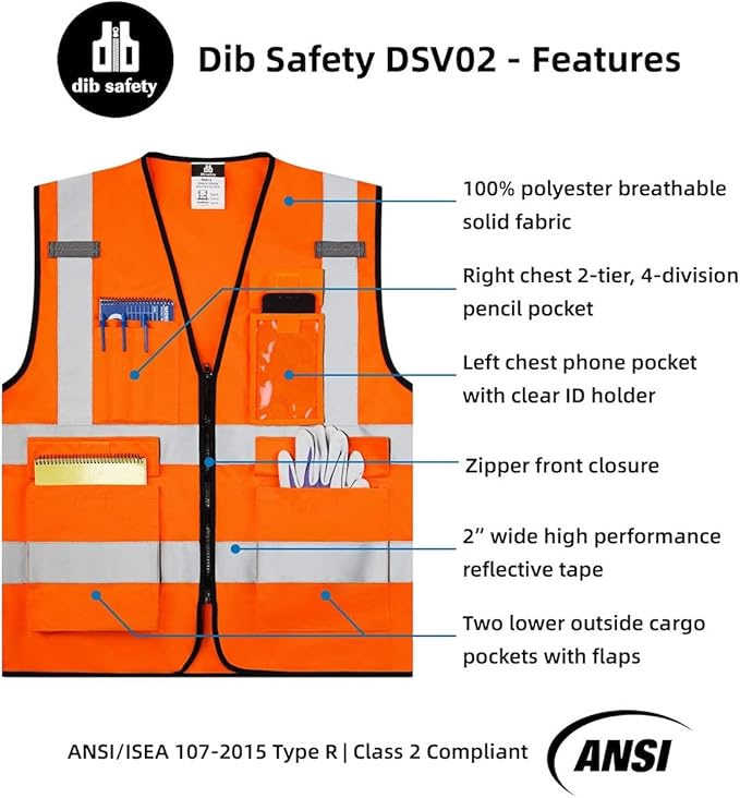 Dib Safety Vest Reflective ANSI Class 2, High Visibility Vest with Pockets and Zipper, Construction Work Vest Hi Vis Orange 4XL