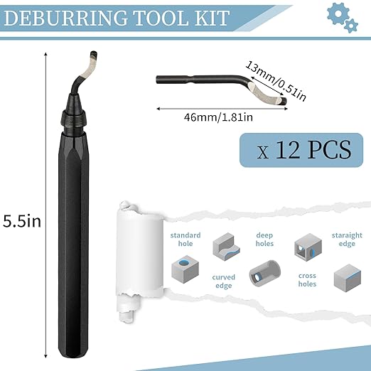 Deburring Tool with 12 High Speed Steel Blades, Deburring Tool 3D Printing, Deburring Tool for Metal, Resin, Copper, Plastic, PVC Pipes, 3D Printed Edges (1 Black Handle)