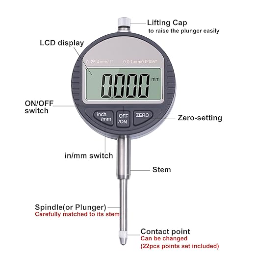 Electronic Digital Dial Indicator with Magnetic Base Holder Fine Adjustable Long Arm 0-1" / 25.4mm Inch/Metric Conversion Professional Gauge 0.01mm/0.001"