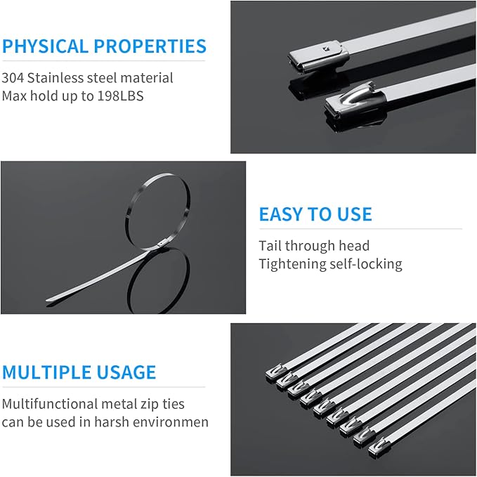 XINGO 60 inch Black Metal Long Zip Ties Heavy Duty 20 Pack, 304 Stainless Steel Zip Ties, 408 lbs Tensile Strength, Multi-Purpose Self-Locking Cable Ties for Exhaust Wrap, Outdoor and Canopy Etc