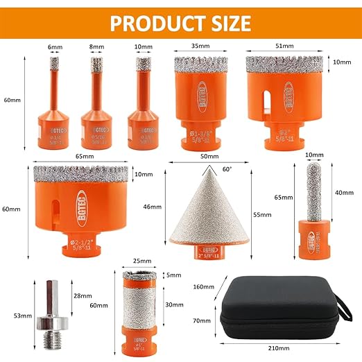 Diamond Core Drill Bit Kit BGTEC Diamond Hole Saw Tile Cutter,5/8"-11 Thread 6pcs 6/8/10/35/50/65mm Drill Bits+10mm Finger Bit+ 2" Chamfer Bit Milling Finger Bit+Hex