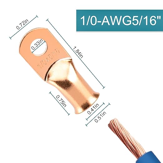8PCS Battery Cable Ends, 1/0 Gauge Wire Connectors 5/16 Copper Wire Lugs, Bare Copper Eyelets with Heat Shrink Tubing by HOUSUN
