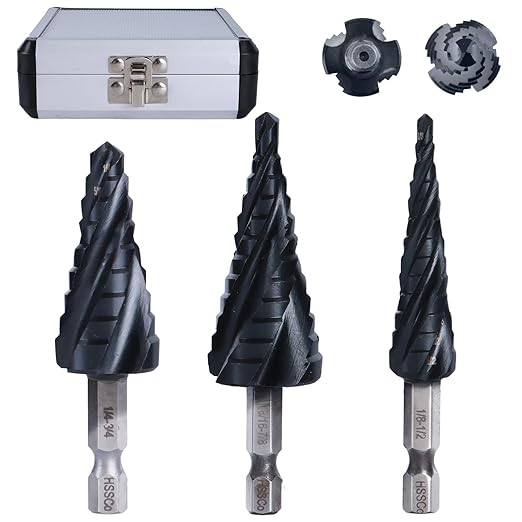 Step Drill Bits M35 Four Spirl Flute Cobalt Step Drill Bits Set 1/8"-7/8"(3pcs) Wear-Resistant TiAlN Coated,1/4" Hex Shank Drill for Metal, Stainless Steel, Aluminum, Plastic