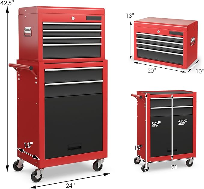 S AFSTAR 6-Drawer Rolling Tool Chest, High Capacity Tool Storage Cabinet with 4 Hooks, Locking System and Universal Wheels, 2-in-1 Detachable Large Toolbox for Garage Workshop (Black & Red)