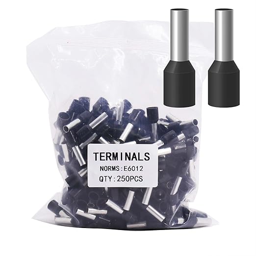 Fidioto AWG10 Wire Ferrules Terminals, 250pcs Black Pin Terminals, Copper & Nylon Material, Ideal for Electric, Industrial, Chemical & Power Control Systems