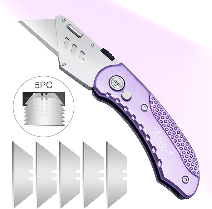 Vickay Folding Utility Knife, Box Cutter with 5 SK5 Quick Change Blades, Safety Axis Lock Design Razor Knife, Lightweight Aluminum Handle Belt Clip for Office Home Artcraft （Light Purple)