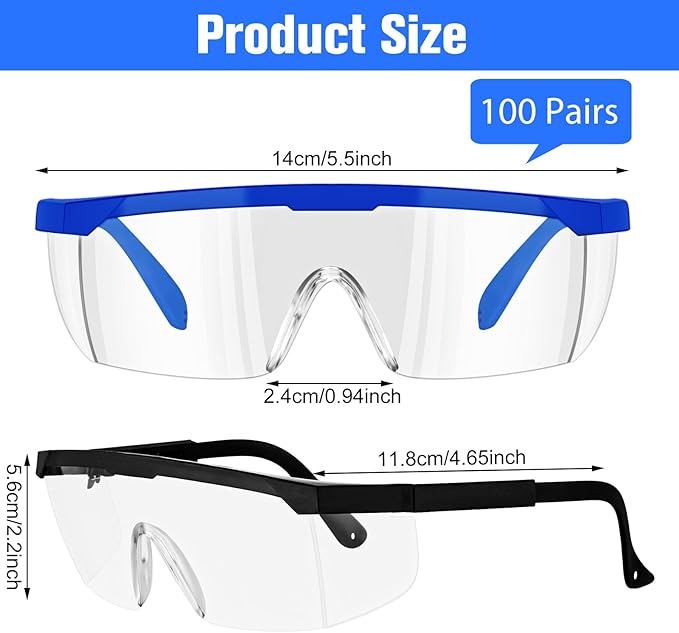 100 Pairs Safety Goggles Bulk Protective Glasses for Shooting Lab Safety Goggles Over Glasses for Kids Adult