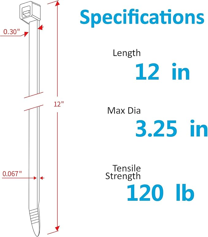 Zip Ties 12 inch Heavy Duty Zip Ties with 120 Pounds Tensile Strength, Black Cable Ties, 100 Pieces,by Karoka