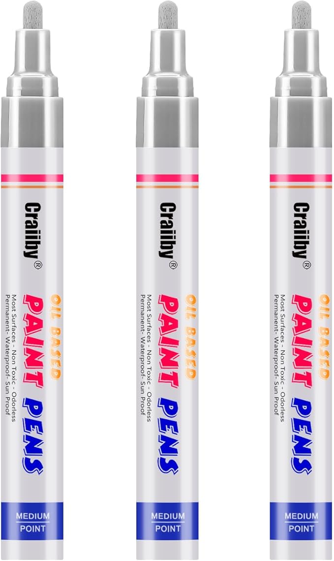 Silver Paint Markers, 3 Pack Oil-Based Waterproof Quick Dry Permanent Paint Pen by Craiiby
