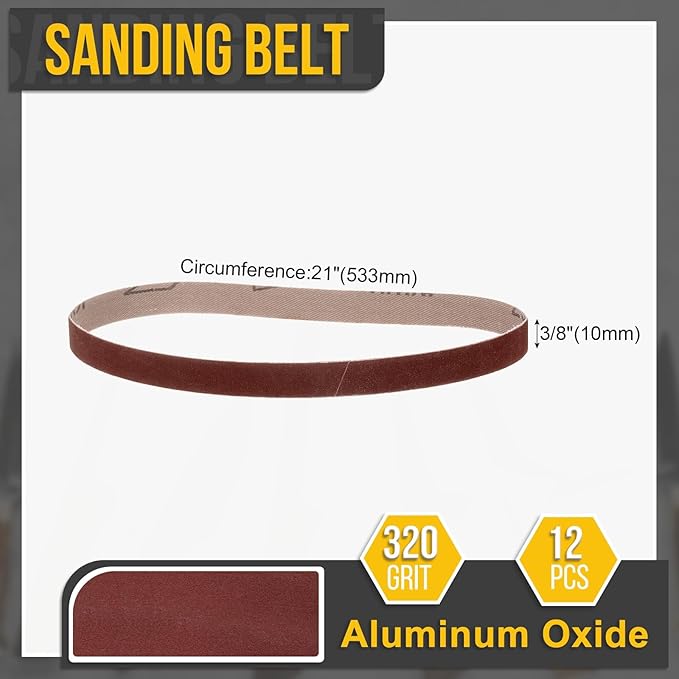 3/8 x 21 Inch Sanding Belt, 12 Pcs 320 Grit Knife Sharpener Belts Work Sharpening for Belt Sander Knife Carving Tool Metal Working