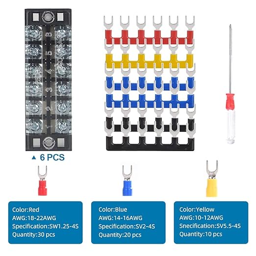 73Pcs(6Sets) Terminal Block Set, 6Pcs 6 Positions 600V 25A Dual Row Screw Terminal Strip Block + 6Pcs Pre-Insulated Terminals Barrier Strip + 60Pcs Insulated Fork Wire Connector by CGele…