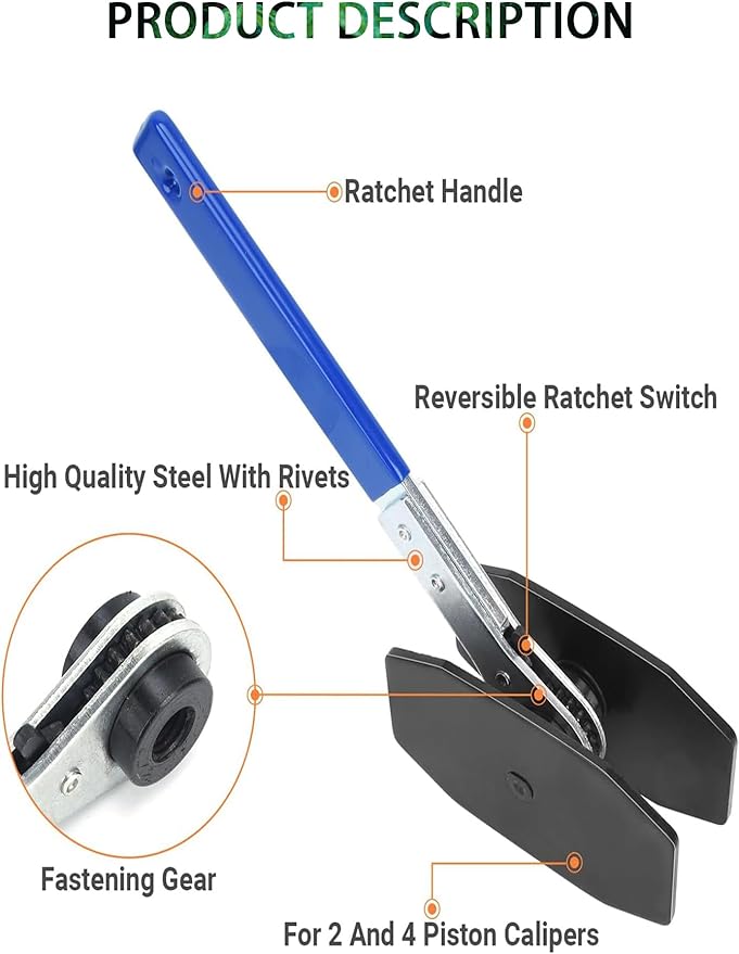 Brake Caliper Compression Tool with 4pcs Caliper Hanger, 360° Rotating Ratchet Brake Tools for Disc Brake Pad Spreader for Single/Twin/Quad Piston Calipers, Steel Plates Range from 1.4"-2.75"