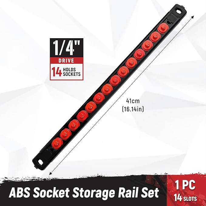 Magnetic Socket Organizer, 1-Piece Heavty Duty ABS Socket Holder, Socket Rail for Tool Box, Premium Quality 360° Swivel Socket Rack with 14 Clips for 1/4-Inch(Red)