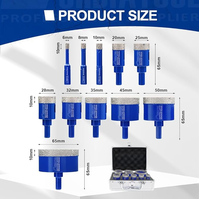 SHDIATOOL Diamond Drill Core Bits Set for Porcelain Triangle Shank Hole Saw Cutter for Tile Marble Ceramic Granite on Drill Machine 11pieces(6/8/10/20/25/28/32/35/45/50/65MM)