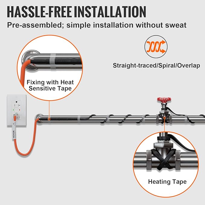 VEVOR Self-Regulating Pipe Heating Cable, 100-feet 5W/ft Heat Tape for Pipes Freeze Protection, Protects PVC Hose, Metal and Plastic Pipe from Freezing, 120V