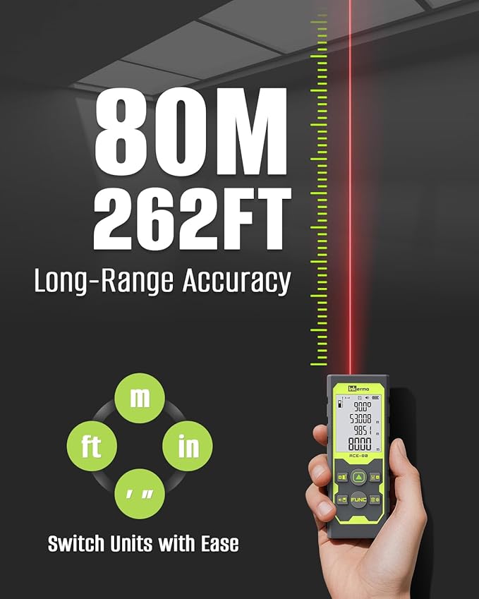 Laser Measure, Inkerma Laser Measurement Tool, Laser Distance Meter with Angle Sensor, Ft/in/M Multiple Units, Length/Area/Volume/Pythagorean Mode,Battery Included