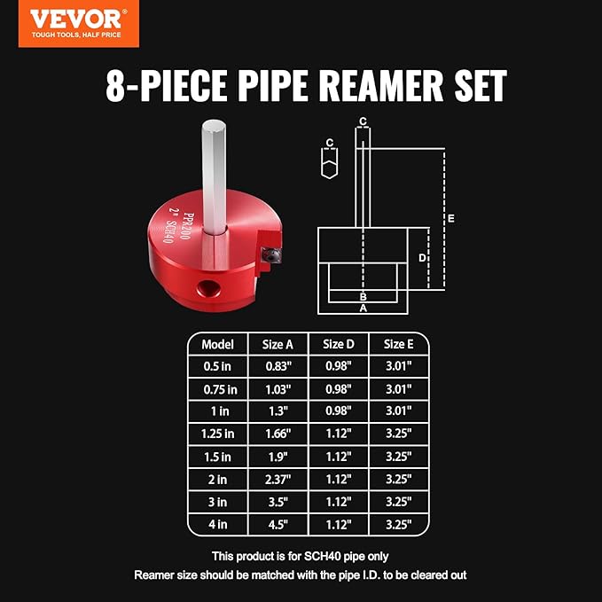 VEVOR PVC Pipe Reamer Kit, Aluminum Alloy, PVC Pipe Fitting Reamer Plumbing Tools Kit, Socket Saver for SCH 40 Pipe, Contains 1/2'', 3/4", 1", 5/4'', 3/2", 2", 3", 4'', for Water Lines, Drain Lines