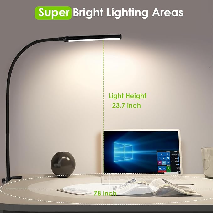 ShineTech LED Desk lamp with Clamp, 4000K Natural White 11 Brightness Level Eye-Caring Clip Lights for Home Office, Flexible Gooseneck USB Adapter, Black