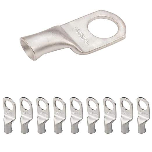 SELTERM 10pcs 8 AWG-3/8 Stud Tinned Copper Wire Lugs, Heavy Duty Battery Cable Ends,8 Gauge Ring Terminals, UL Battery Lugs Marine Grade Copper Eyelets Electrical Battery Terminal Connectors