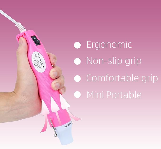 Heat Gun, 110V 300W Handed Hot Air Gun, 3.28FT Ultra-Long Cable Portable Heat Gun with Stand and Power Cord for Shrinking Wrapping PVC, DIY Embossing and Drying Paint (Pink)