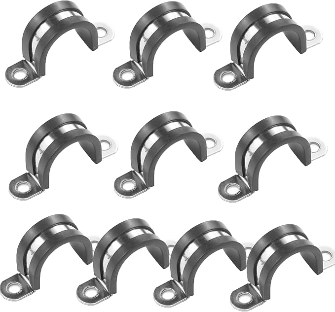 10pcs 32mm 2 Hole U-Tube Strap Clamp, 304 Stainless Steel with EPDM Rubber Lined Clip, Double-Layer Gaskets Rubber Cushioned Insulated Clamp for Tube, Pipe or Wire Cord Installation