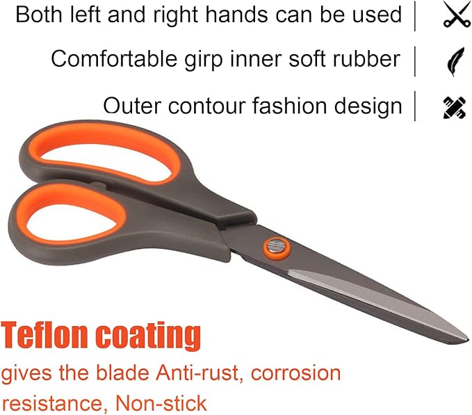 2 Pack 8" Titanium Non-Stick Scissors, All-Purpose Professional Stainless Steel Shears Comfort Soft Grip, Straight Office Craft Scissors for DIY School Home
