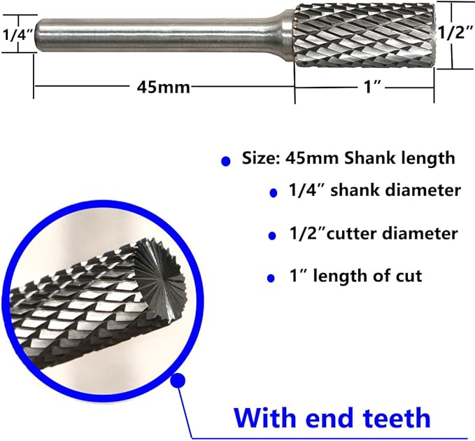 Carbide Burr Set 1/4" Shank SB-5 Die Grinder Bits Tungsten Double Cut Burr Bits (1/2" Cutter Dia X 1" Cutter Length) for Die Grinder Kits Metal Grinding Drilling Polishing (5pcs)