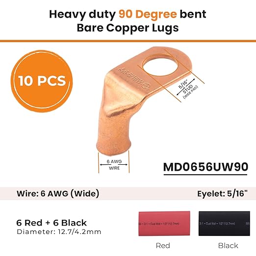 SELTERM 10pcs - 6 AWG 5/16" (Wide Pad) Stud 90° Bent Battery Lugs - Ring Terminal Connectors with 12pcs 3:1 Black & Red 1/2" Heat Shrink Tubing- Heavy Duty Cable Ends - Bare Copper Wire Connectors Kit
