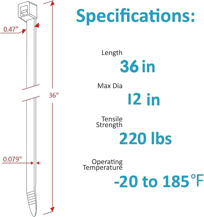 Black Zip Ties Heavy Duty, 35 Inch Extra Long 220 lbs Tensile Strength Large - Image 2
