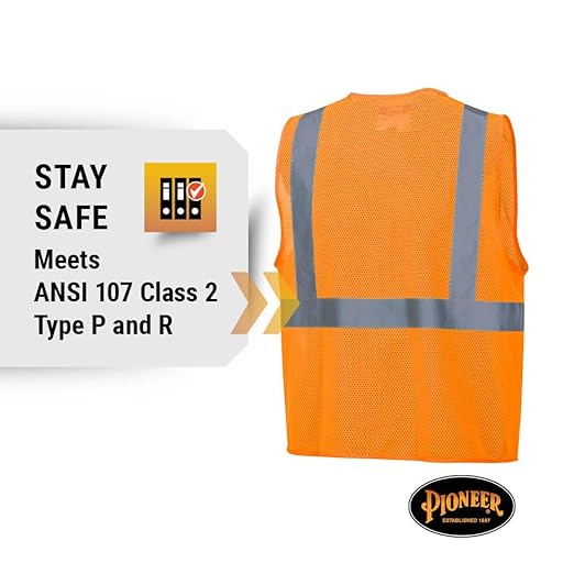 Pioneer Hi Vis Mesh Safety Vest - For Traffic & Public Workers - Cool & Lightweight - Class 2 - Reflective Tape - Orange