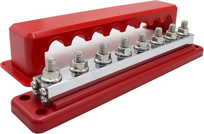 600 A High Current Copper Bus Bar 300V AC / 48V DC 8 Way 3/8 inch (M10) Studs 8#8-32 Screws Electrical Terminal Ground Distribution Block Battery Buss Bars with Cover (Red)