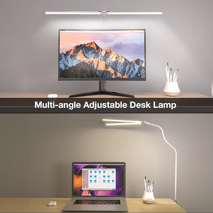 LED Desk Lamp, Double Head Desk Lamps for Home Office, Dimmable 25 Lighting Modes Bright Desk Lighting,12W 1400lm Eye-Caring Architect Table Lamp for Workbench Monitor Reading Study, White