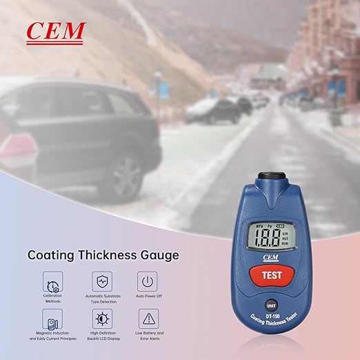 CEM Paint Thickness Gauge,Car Boat Coating Tester with Calibration Plates&Battery,Fe/NFe Automatic Recognition Portable Digital Thickness Meter Detector,Backlight LCD Display,Auto Power Off&Lanyard