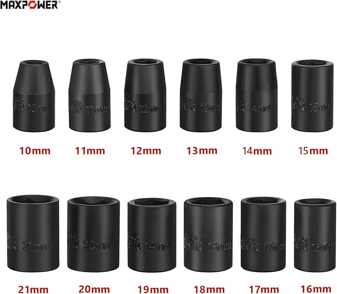 MAXPOWER 1/2" Drive Impact Socket Set, 12 Pieces Metric Impact Sockets, 6-Point Metric Impact Sockets, Cr-Mo Steel, Sockets Size 10 mm to 21 mm, With a Storage Case
