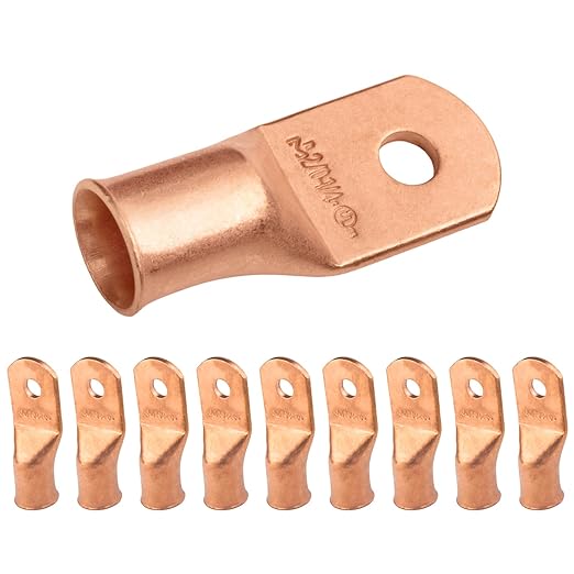 SELTERM 10pcs 2/0 AWG - 1/4" Stud Battery Lugs, Heavy Duty Wire Lugs, Ring Terminals, Cable Ends, 00 Gauge Terminals, UL Bare Copper Eyelets Electrical Terminal Connectors