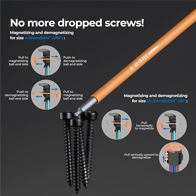 Sae Allen Wrenches Sets 13pcs, Extra Long Arm Allen Key Set with Ball End, Crafted Hex Key Set with Color Coded Sleeves, Unique Patented Holder Design for Magnetizing and Demagnetizing