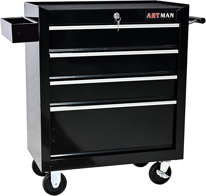 4-Drawer Rolling Toolbox Cabinet, Large Capacity Metal Toolbox with Wheels and Key Lock, Rolling Toolbox Organizer Toolbox, Heavy-Duty Industrial Service cart Storage Organizer