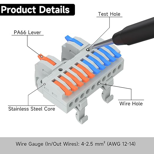 3Pcs Lever Wire Connectors, 2 in 10 Out, Push-in, 4-2.5 mm² Quick Wiring DIN Terminal Blocks, 36Pcs Wire Ferrules Terminals & 6.89 Inch DIN Rail Included
