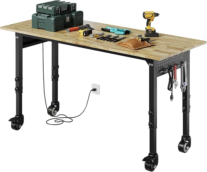 Adjustable Heavy Duty Wood Top Tool Bench Work Bench, 48'' Workbench with Power Outlet, 2000 Lbs Load Capacity Rolling Work Table with Wheels for Home Office Workshop Garage