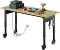 Adjustable Heavy Duty Wood Top Tool Bench Work Bench, 48'' Workbench with Power Outlet, 2000 Lbs Load Capacity Rolling Work Table with Wheels for Home Office Workshop Garage
