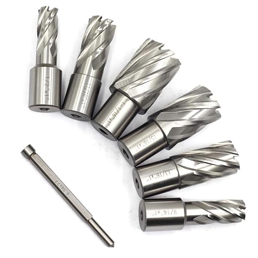 OSCARBIDE Annular Cutter Set 7 Pieces 3/4" Weldon Shank 1"Cutting Depth,1/2 to 1-1/16 inch Diameter,2 Flats Annular Cutters HSS Mag Drill Bits Kit for Magnetic Drill Press with 1 Pieces Pilot Pin
