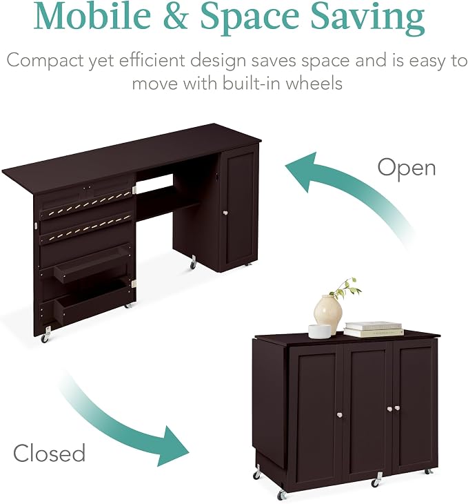 Best Choice Products Large Folding Sewing Table, Caster Wheels, Storage Shelves - Image 5