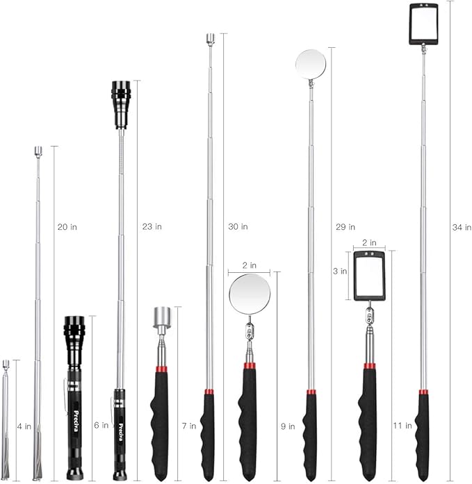 Preciva 5PCS Magnetic Telescoping Pick-up Tool Kit with 15lb &1lb Pick Up Rod, Round & Square 360 Swivel Adjustable Inspection Mirror and Telescoping Flexible LED Flashlight (Batteries Included)