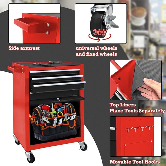 13 Drawer Rolling Tool Chest with Wheels, 2 in 1 Detachable Tool Chest with Drawers, Large Tool Box with Lock, Metal Tool Cabinet for Garage Workshop(Red-Black)
