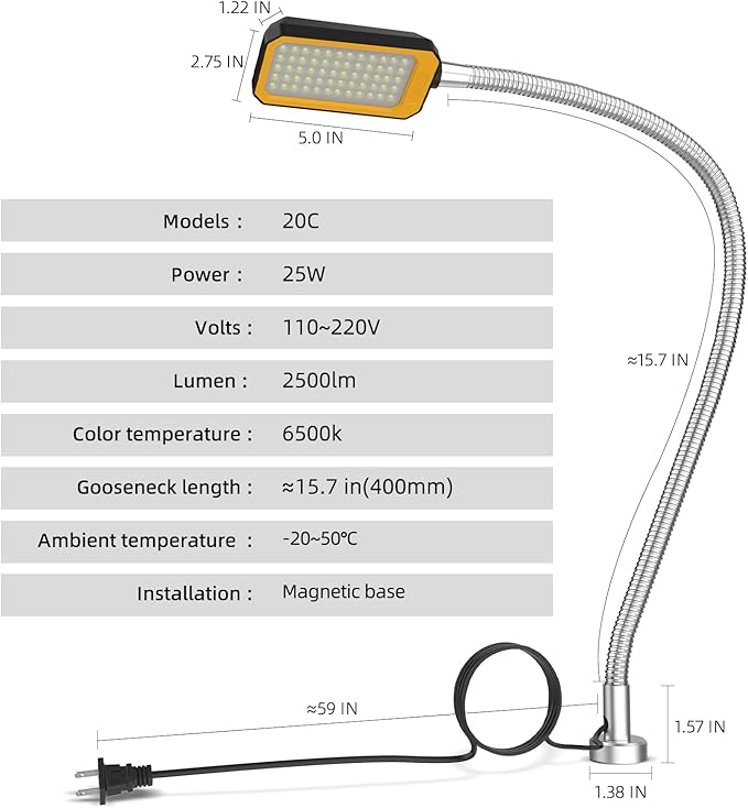 Magnetic Work Light, LED Machine Light with Flexible Gooseneck and Magnetic Base,25W 120 Volt Machine Light for Lathe,Work Bench, Sewing Machine, Workbench Industrial Lighting (25W Round Magnet)