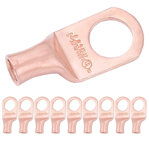 SELTERM 10pcs 8 AWG - 3/8" Stud - Battery Lugs, Heavy Duty Wire Lugs, Ring Terminals, Battery Cable Ends,8 Gauge Terminals, UL Bare Copper Eyelets Electrical Battery Terminal Connectors