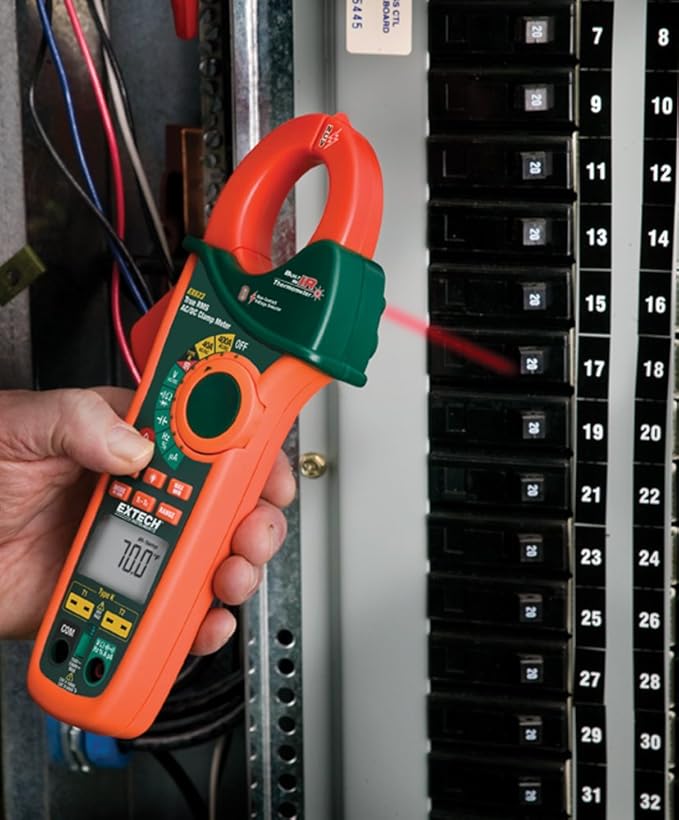 Extech EX623 True RMS 400A AC/DC Clamp Meter with Dual Type K, Infrared Thermometer and NCV