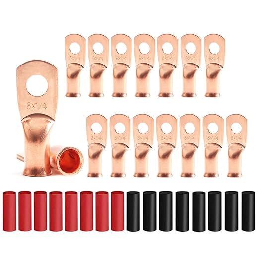 16Pcs 6 AWG 1/4" Stud Heavy Duty Copper Wire Lugs with 16Pcs Heat Shrink Tubing 6 Gauge Ring Terminals Battery Cable Ends Bare Copper Eyelets Tubular Ring Terminal for Car Boat Marine