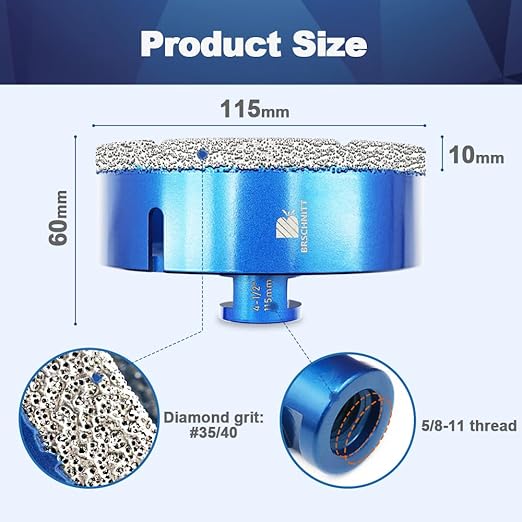 115mm Diamond Core Drill Bit for Porcelain Tile Ceramic Marble Granite Drilling,BRSCHNITT 2pcs Vacuum Brazed Diamond Hole Saw with 5/8-11 Thread (115mm 2pcs)