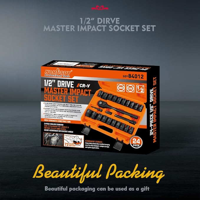 HORUSDY 1/2" Drive Shallow Impact Socket Set, 24-Piece SAE (7/16"-1") and Metric (13-24mm), 6 Point, Cr-V, Includes 1/2-Inch Drive Ratchet Handle, Drive Extension Bar